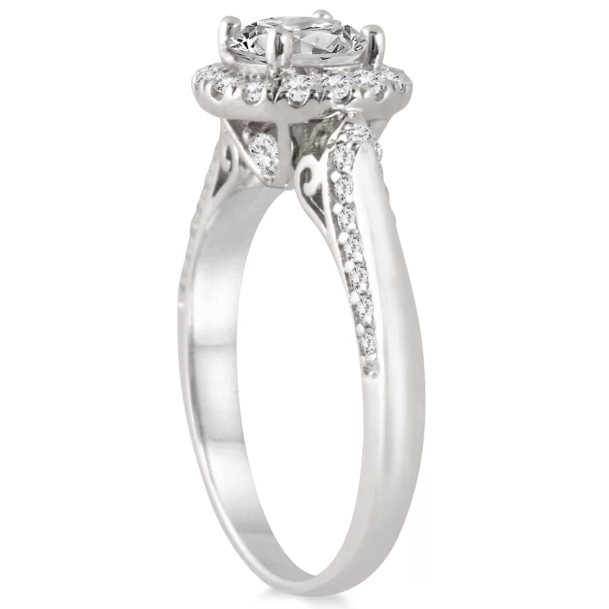 1 1/2 Carat Tw Diamond Halo Engagement Ring In 14K White Gold J-K, I2-I3