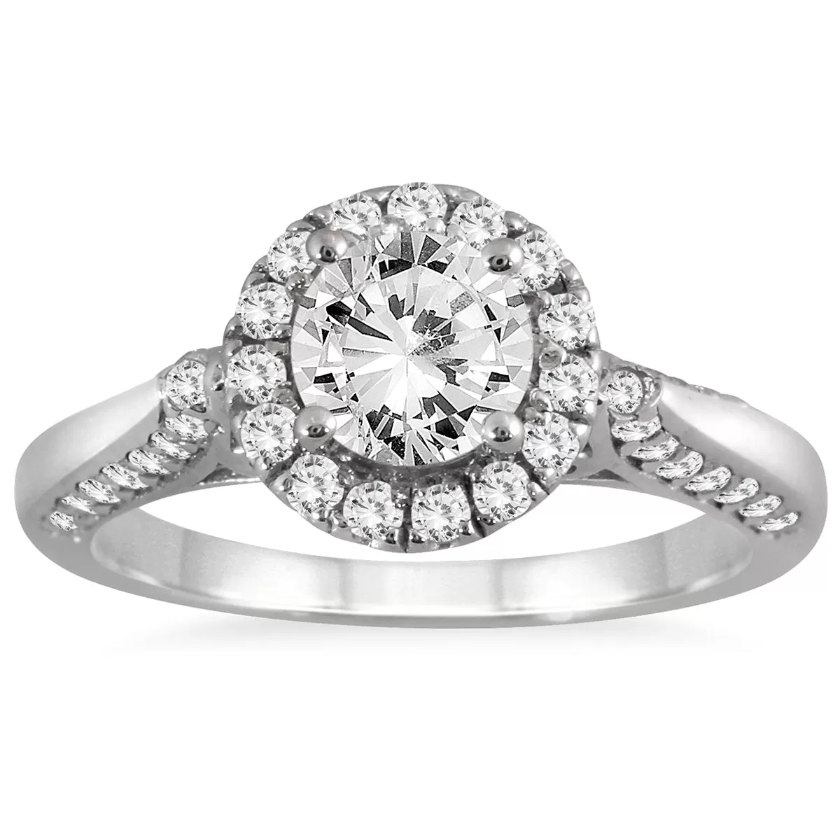 1 1/2 Carat Tw Diamond Halo Engagement Ring In 14K White Gold J-K, I2-I3