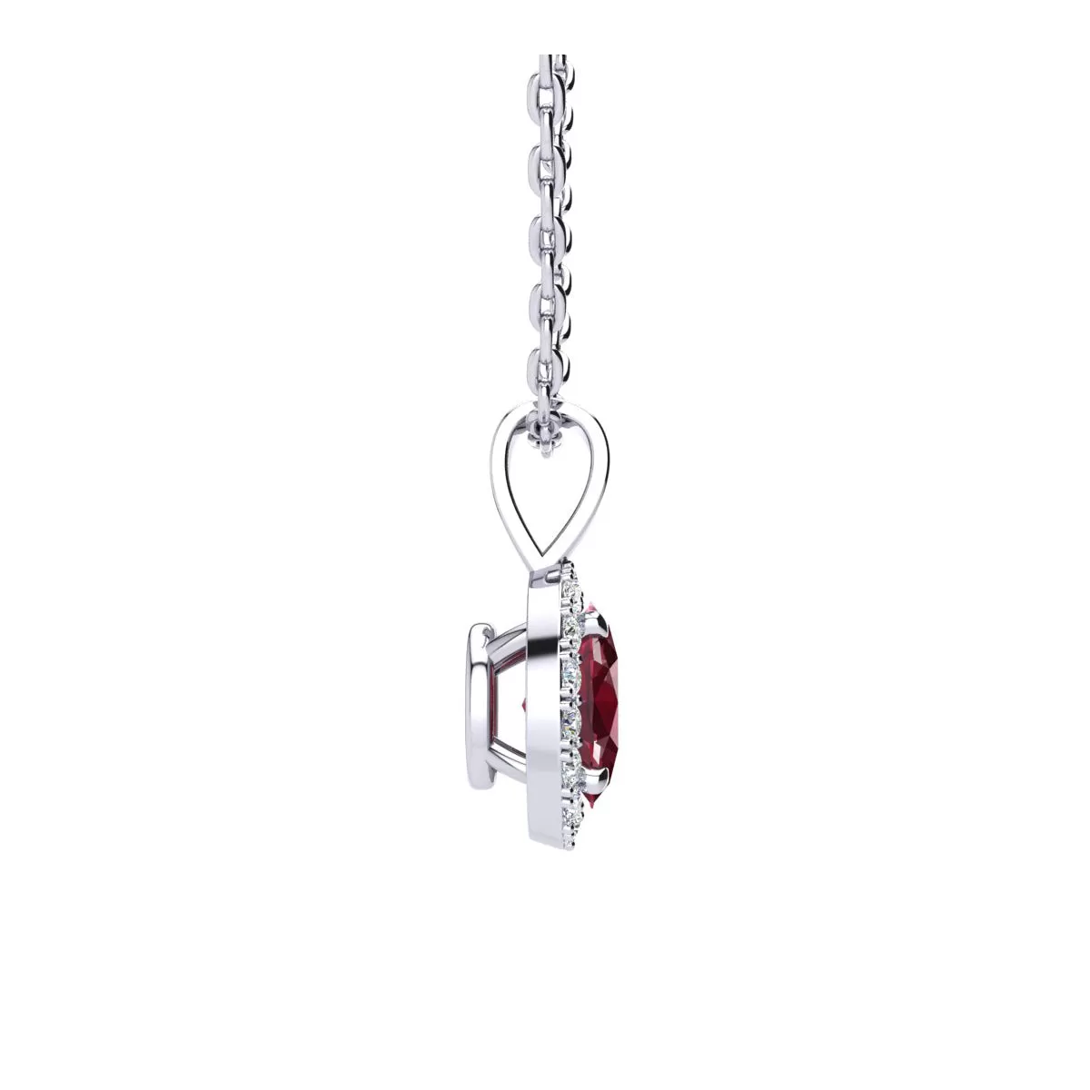 1 Carat Oval Shape Ruby And Halo Diamond Necklace In Sterling Silver With 18 Inch Chain