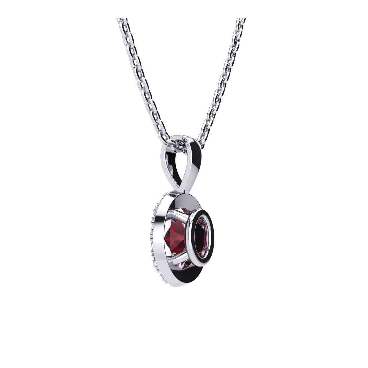 1 Carat Oval Shape Ruby And Halo Diamond Necklace In Sterling Silver With 18 Inch Chain