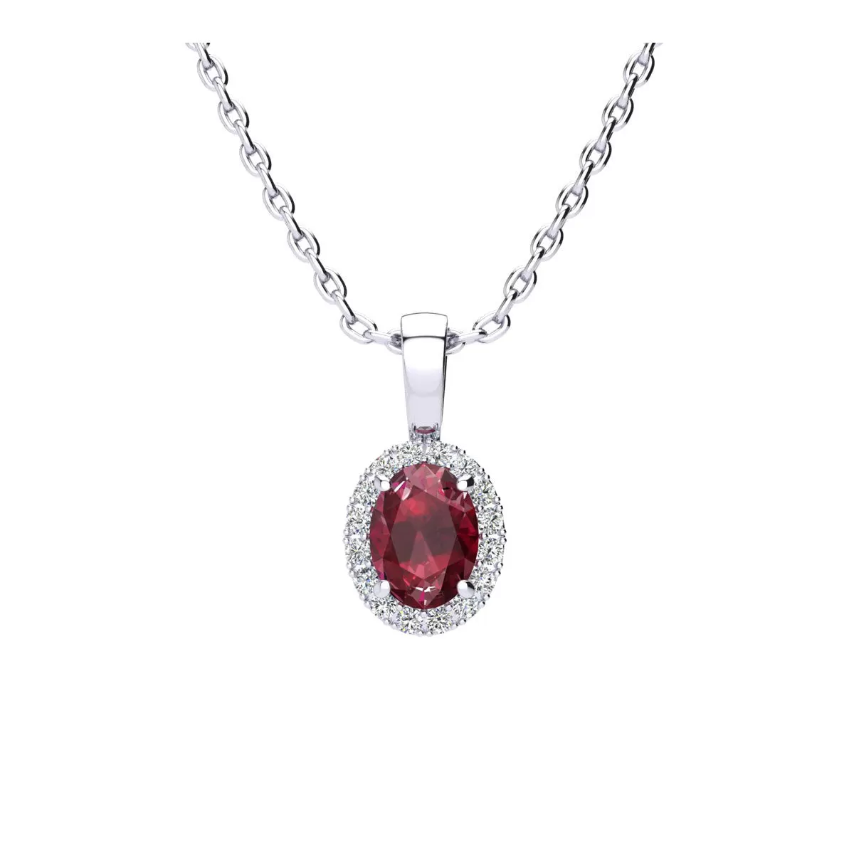 1 Carat Oval Shape Ruby And Halo Diamond Necklace In Sterling Silver With 18 Inch Chain