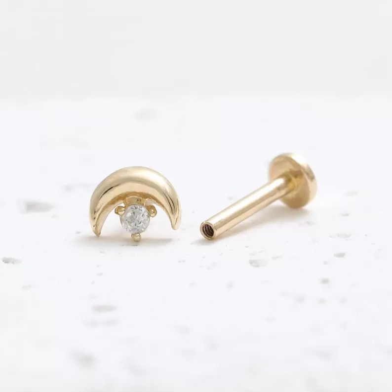 14K Real Gold CZ, Moissanite or Diamond Tiny Crescent Moon Helix Cartilage Tragus Inner Conch Internally Threaded Flat Back Earring Labret