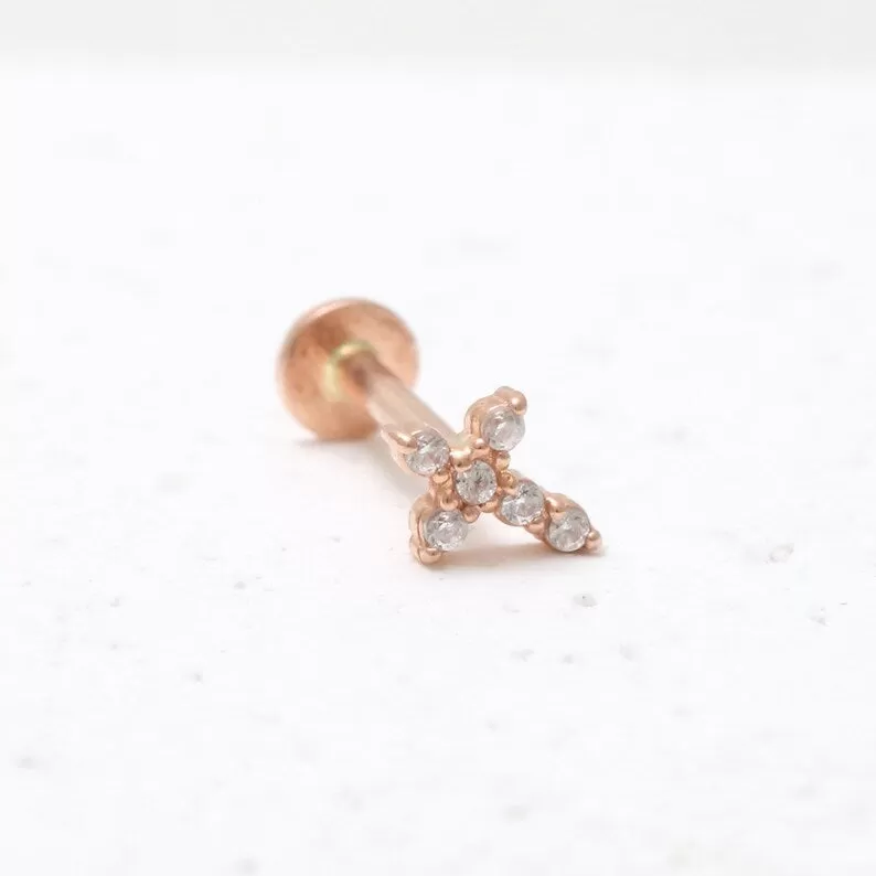 14K Real Gold CZ or Moissanite Genuine Diamond Tiny Cross Helix Cartilage Tragus Inner Conch Internally Threaded Flat Back Earring Labret