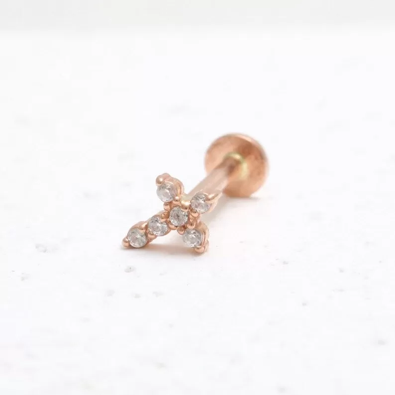 14K Real Gold CZ or Moissanite Genuine Diamond Tiny Cross Helix Cartilage Tragus Inner Conch Internally Threaded Flat Back Earring Labret