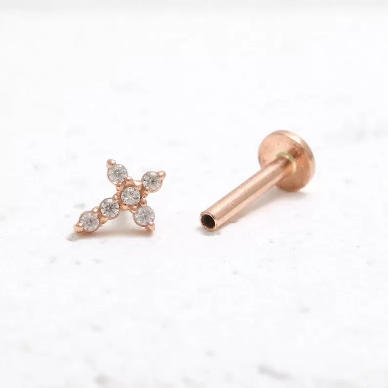 14K Real Gold CZ or Moissanite Genuine Diamond Tiny Cross Helix Cartilage Tragus Inner Conch Internally Threaded Flat Back Earring Labret