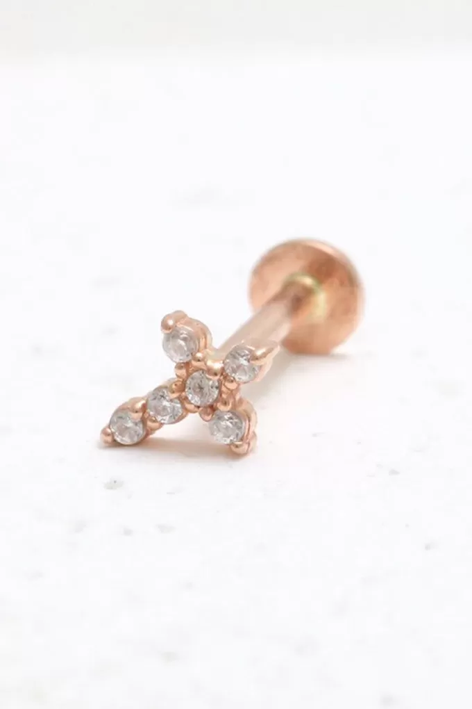 14K Real Gold CZ or Moissanite Genuine Diamond Tiny Cross Helix Cartilage Tragus Inner Conch Internally Threaded Flat Back Earring Labret