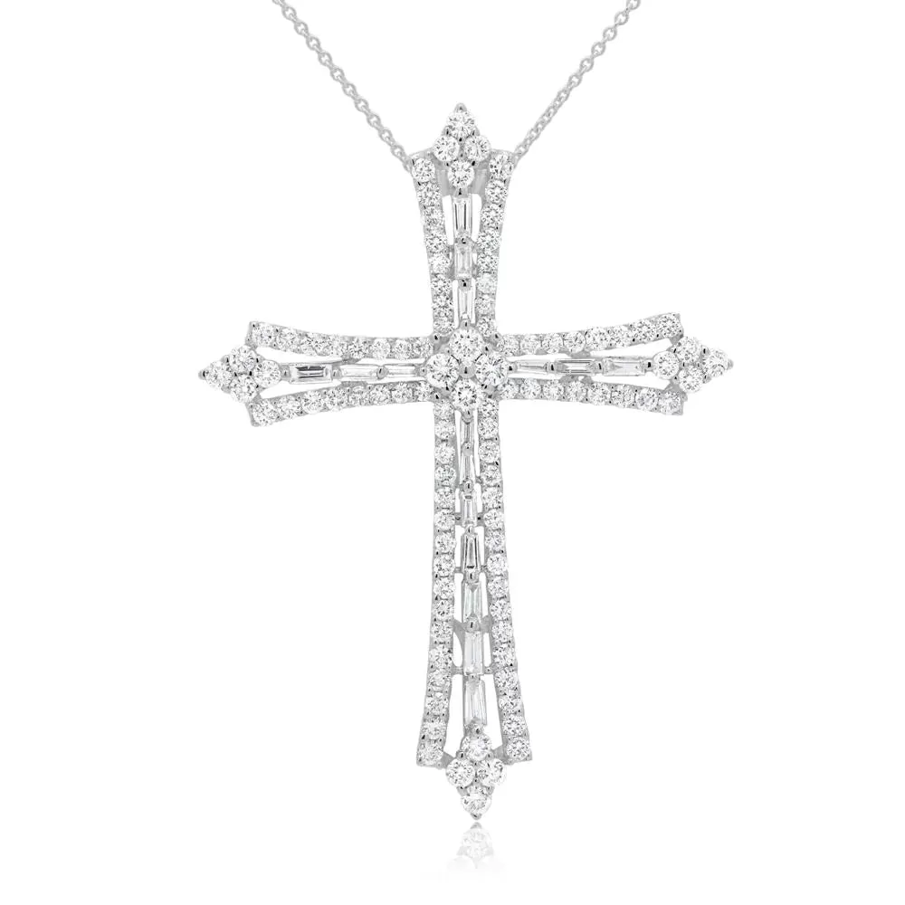 14K White Gold 1.66 Carat Total Weight Diamond Baguette Cross Pendant Necklace