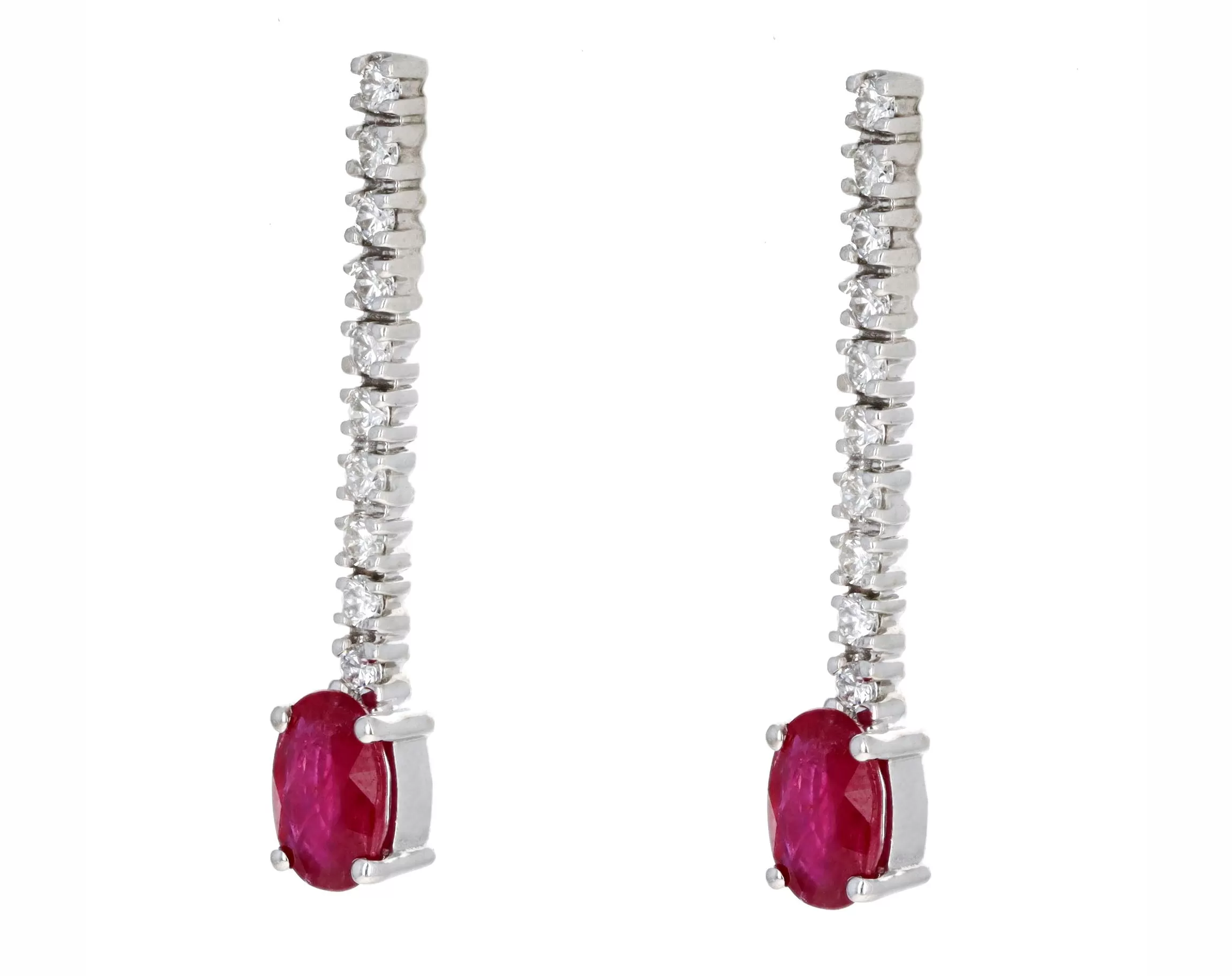 14K White Gold 1.80 Carat Total Weight Oval Natural Ruby & Diamond Drop Earrings