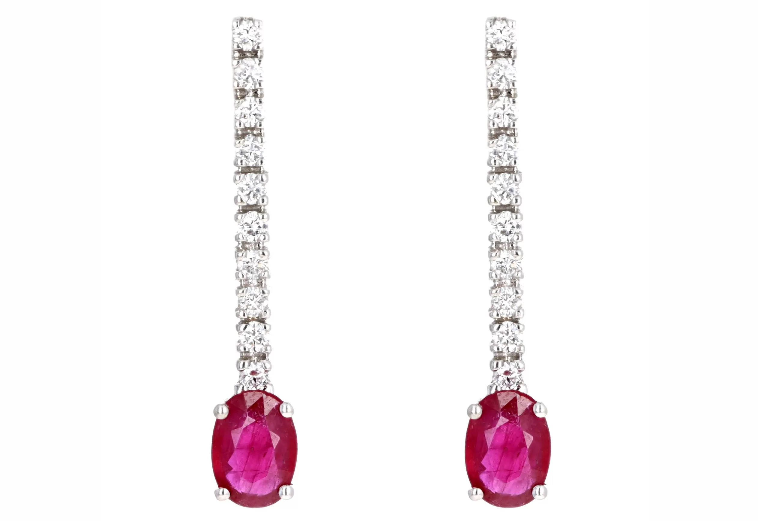 14K White Gold 1.80 Carat Total Weight Oval Natural Ruby & Diamond Drop Earrings