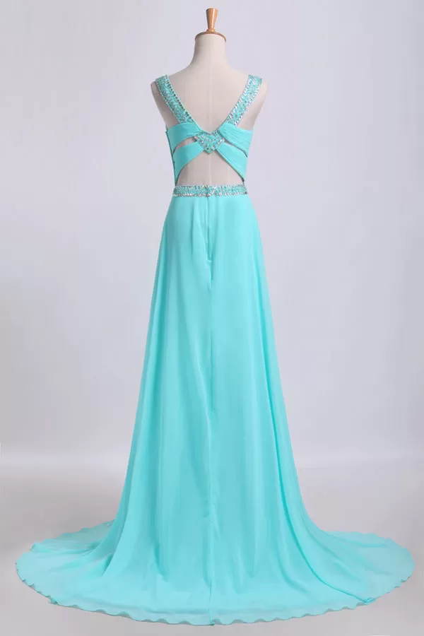 2024 Open Back Halter Prom Dresses A Line Sweep Train Chiffon With PJ9MJH5B