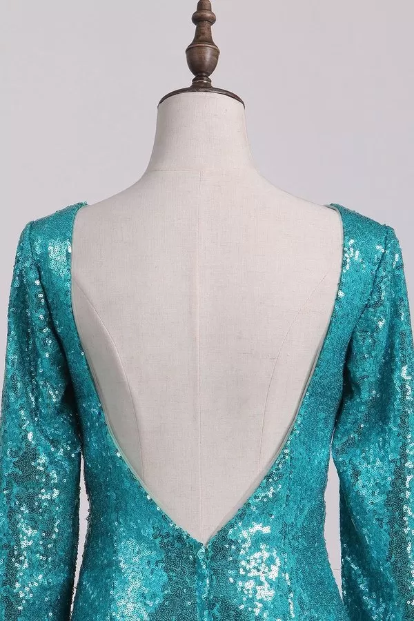 2024 Sexy Open Back Long Sleeve Prom Dresses Sequins Mermaid P6M7XZ7M