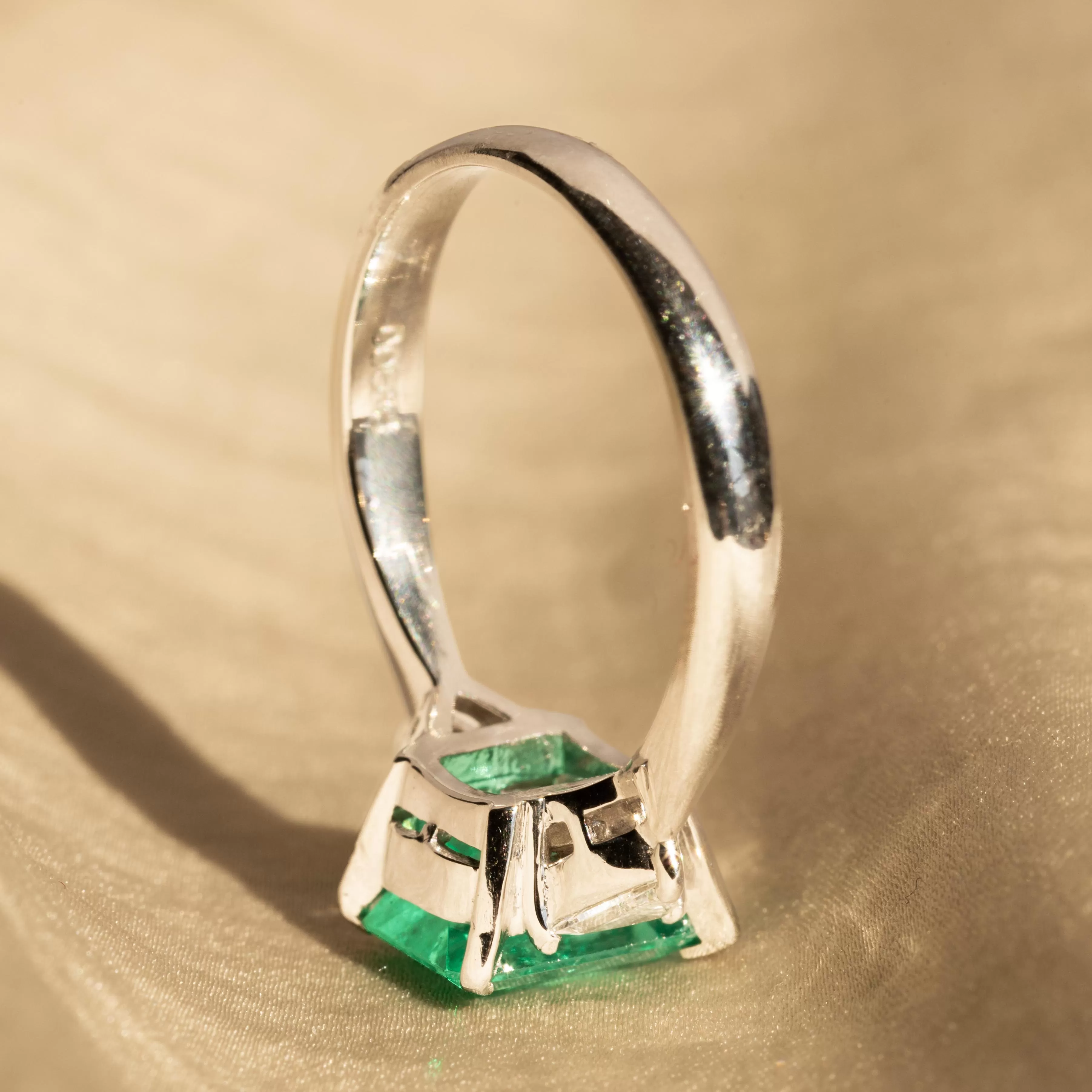 2.07 Carat Natural Emerald Trillion Diamond Three Stone Ring