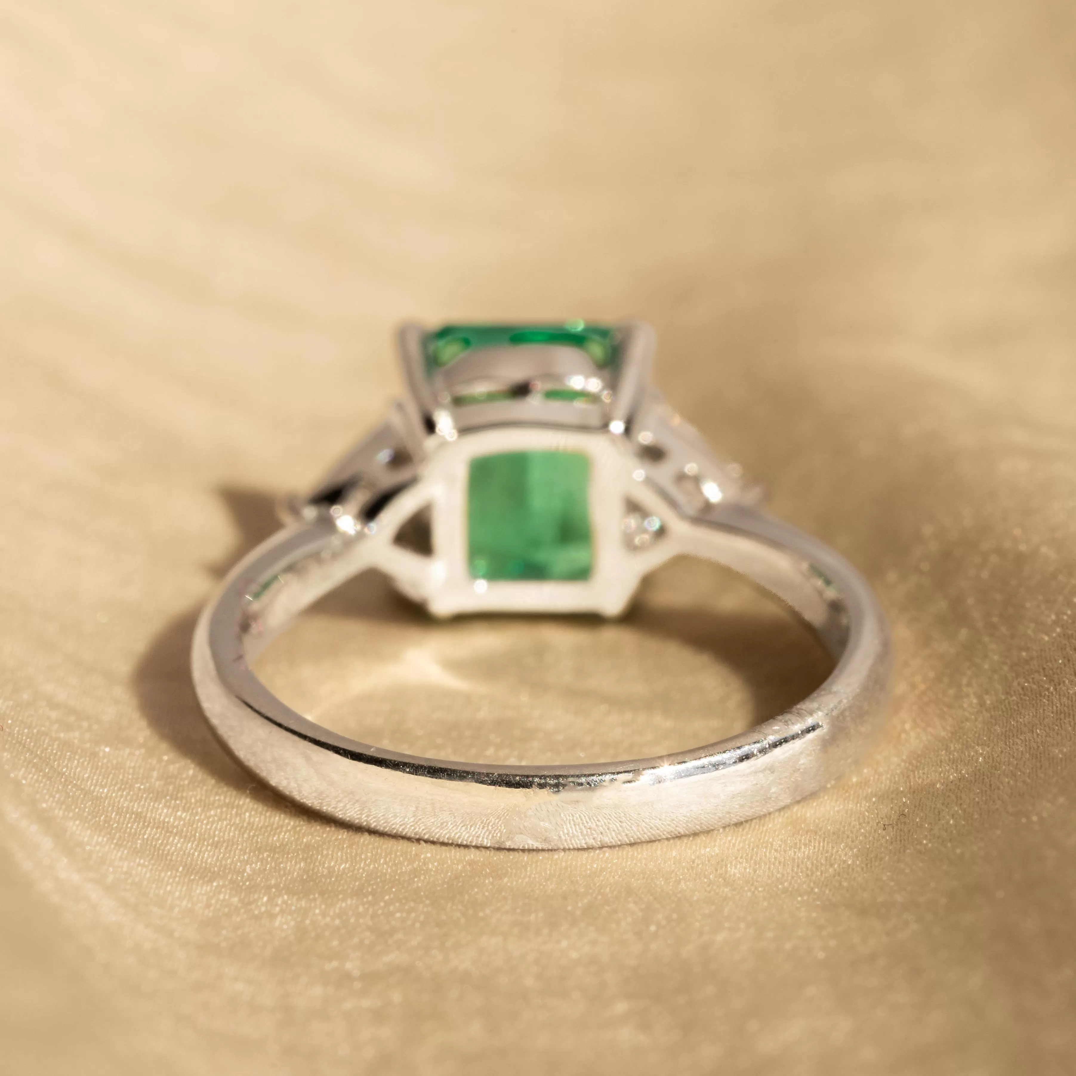 2.07 Carat Natural Emerald Trillion Diamond Three Stone Ring