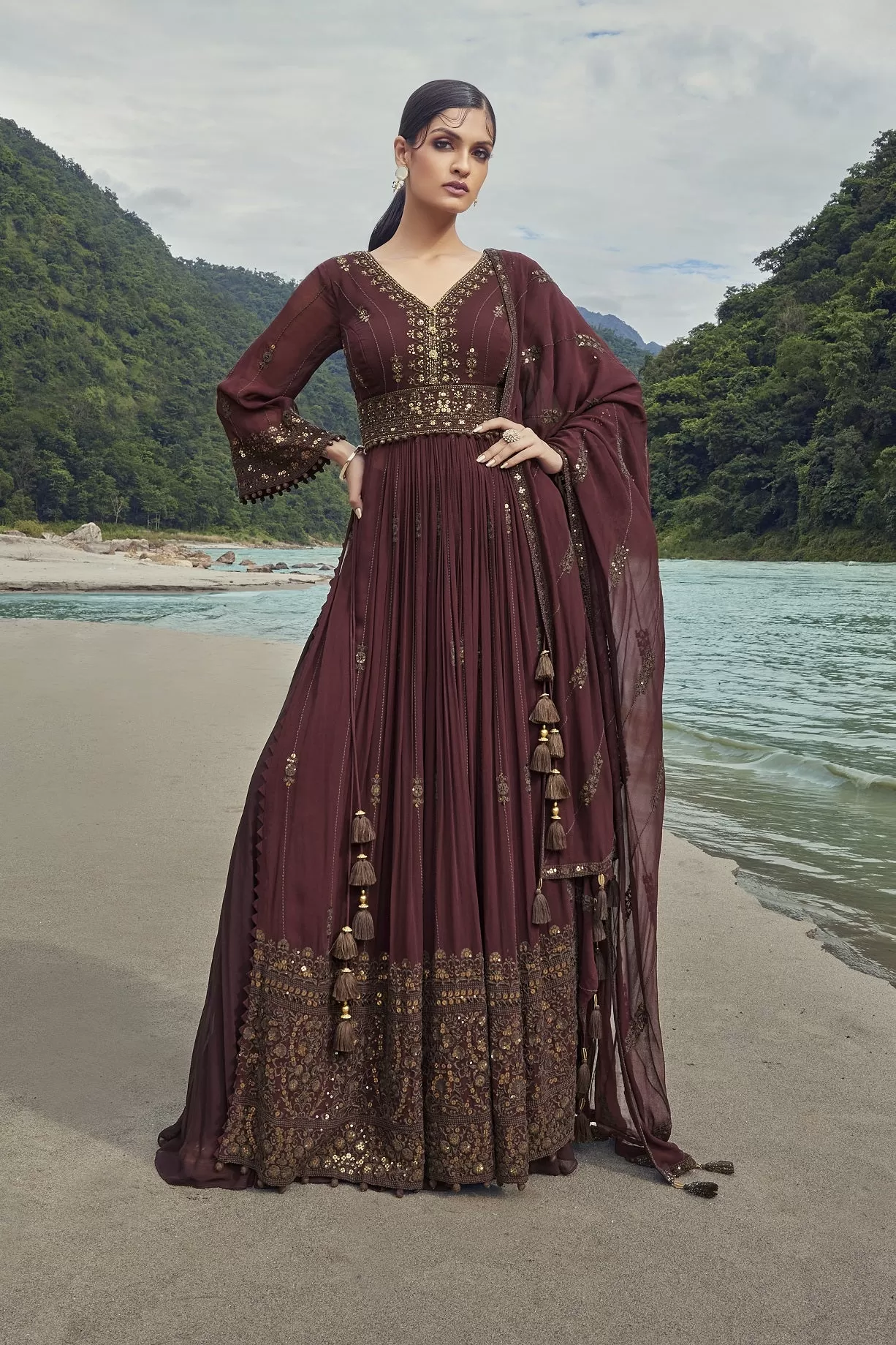 50Z832-RO Maroon Embroidered Nair Cut Suit with Dupatta