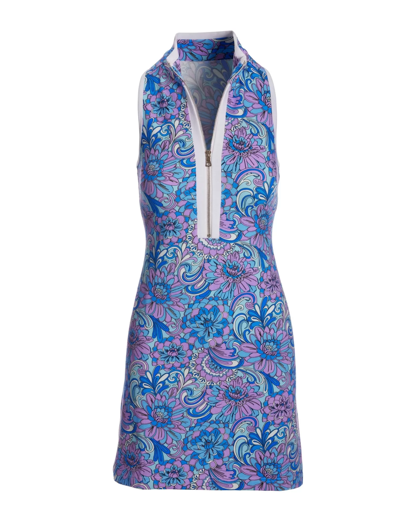 Abstract Floral Sleeveless Chic Zip Dress Blue