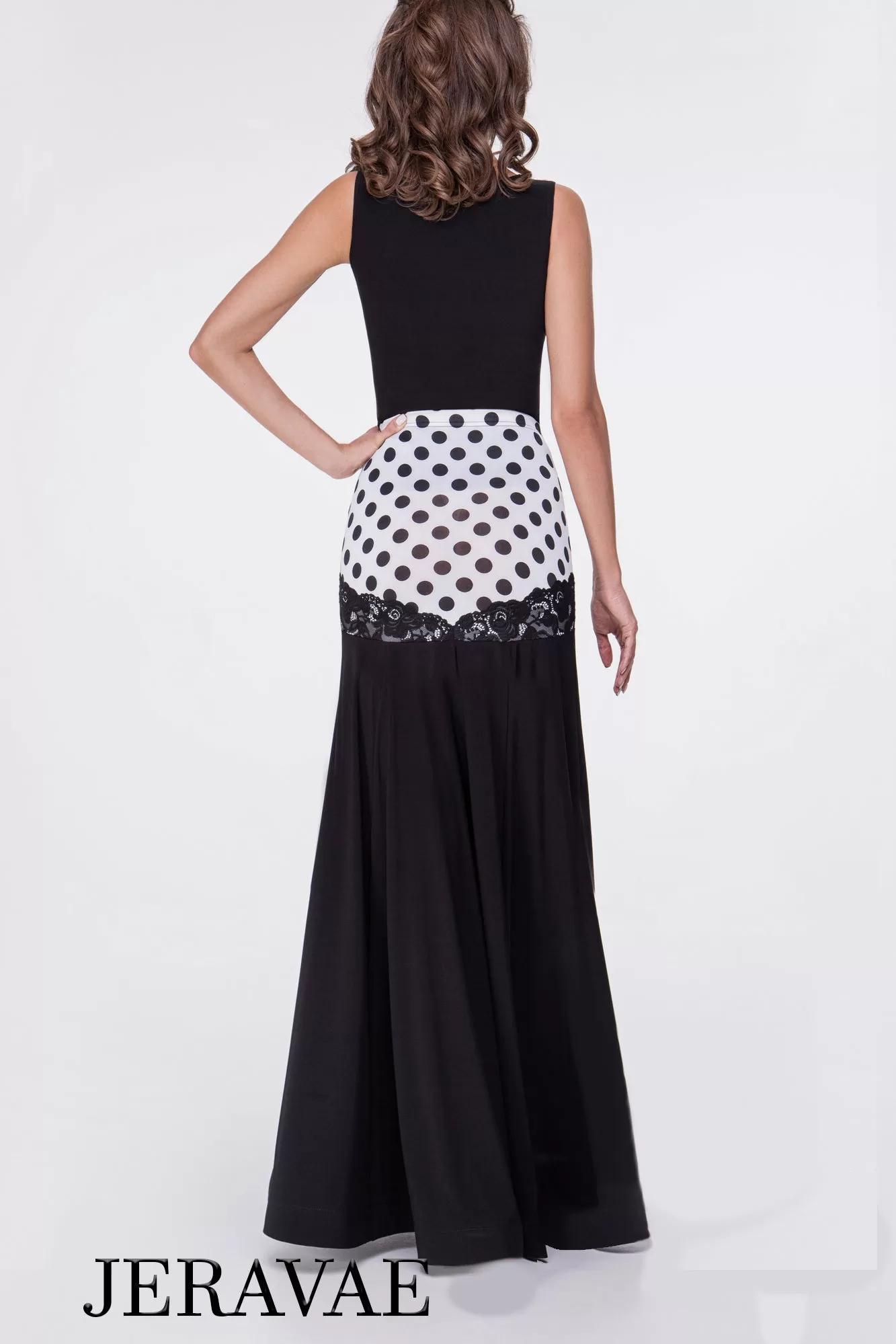 Adorable White and Black Polka Dot Ballroom Practice Skirt with Lace Accent and Matching Sleeveless Practice Top  PRA 542