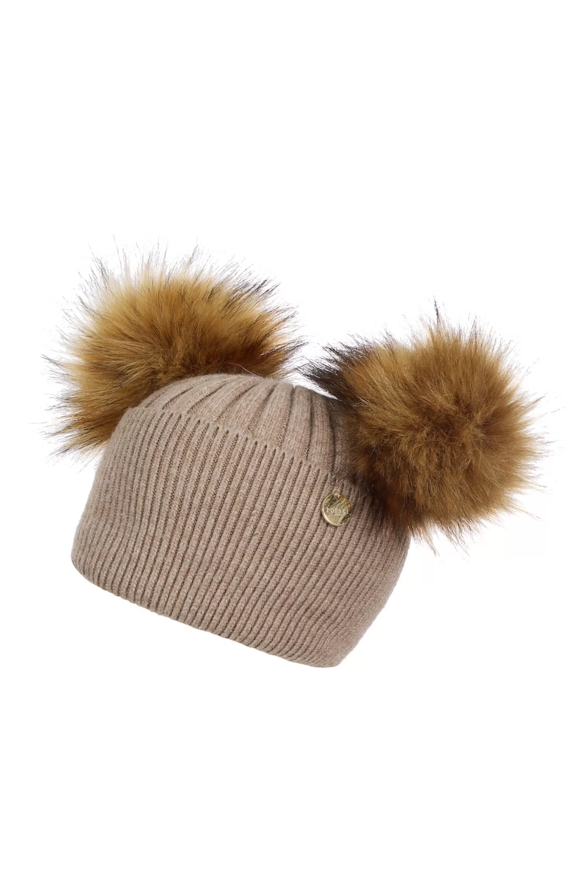 Adults Double Soft Fawn Angora Beanie with matching poms