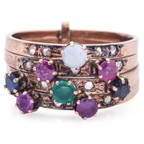 Antique 14K Gold Sapphire, Ruby, Opal, Emerald, Diamond Multi-Band Ring Sz 6.75