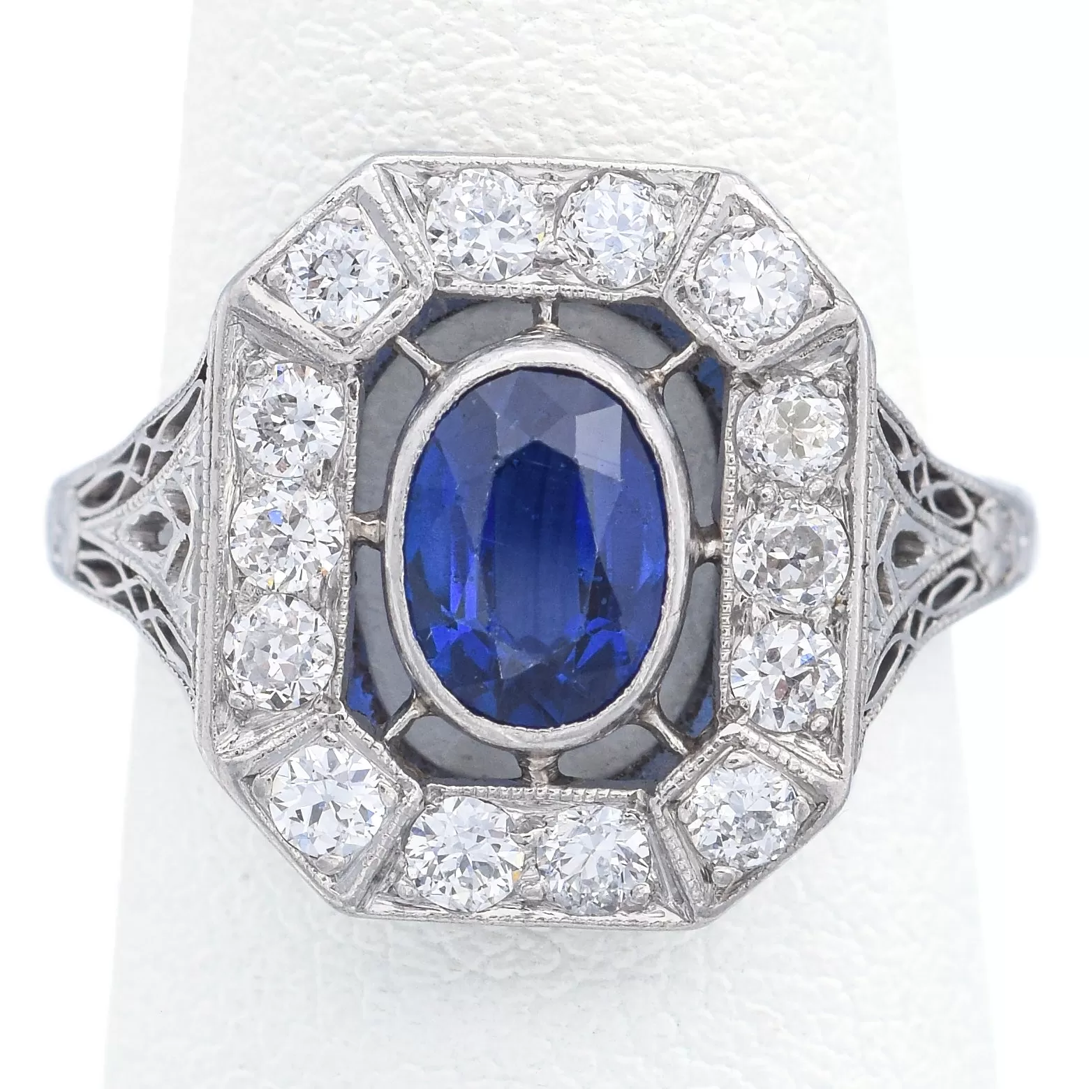 Antique Art Deco Platinum 0.56 TCW Old Euro Diamond & Sapphire Ring Size 4.5