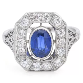 Antique Art Deco Platinum 0.56 TCW Old Euro Diamond & Sapphire Ring Size 4.5