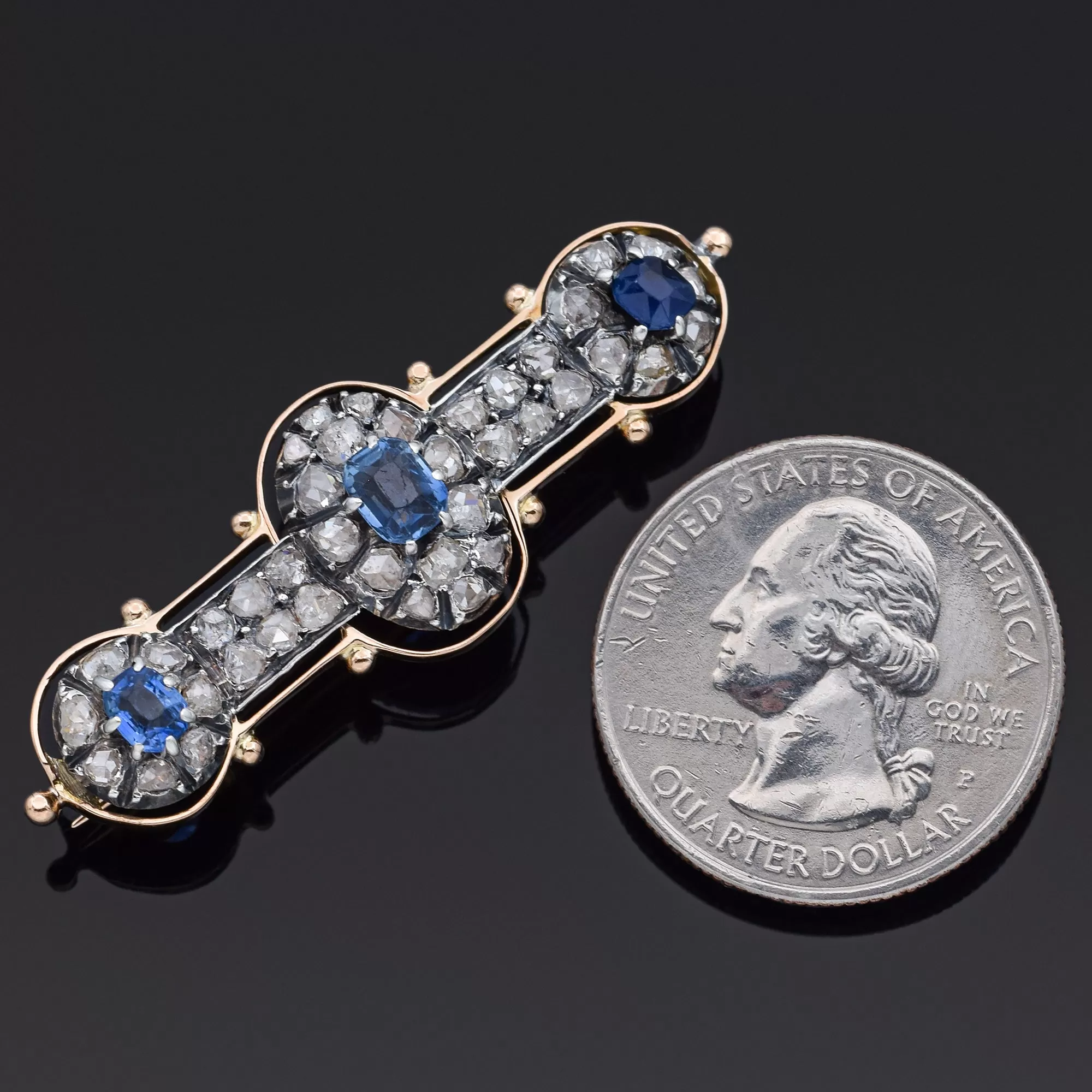 Antique Sapphire and 2.04TCW Rose Cut Diamond 15K Gold and 715 Silver Brooch Pin