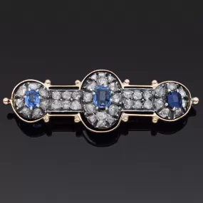 Antique Sapphire and 2.04TCW Rose Cut Diamond 15K Gold and 715 Silver Brooch Pin