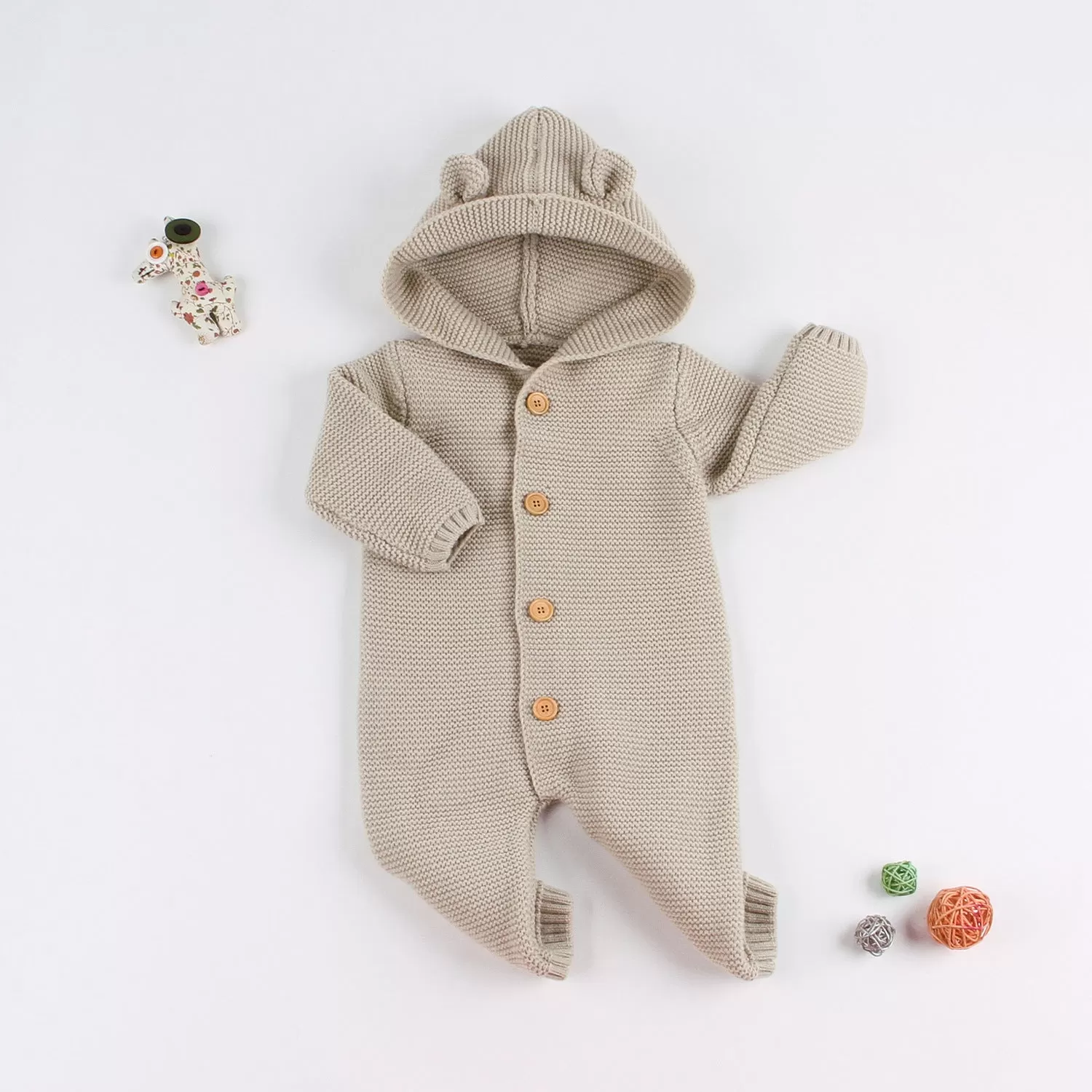 Baby Boys Girls Solid Color Knitted Hooded Cartoon Onesie