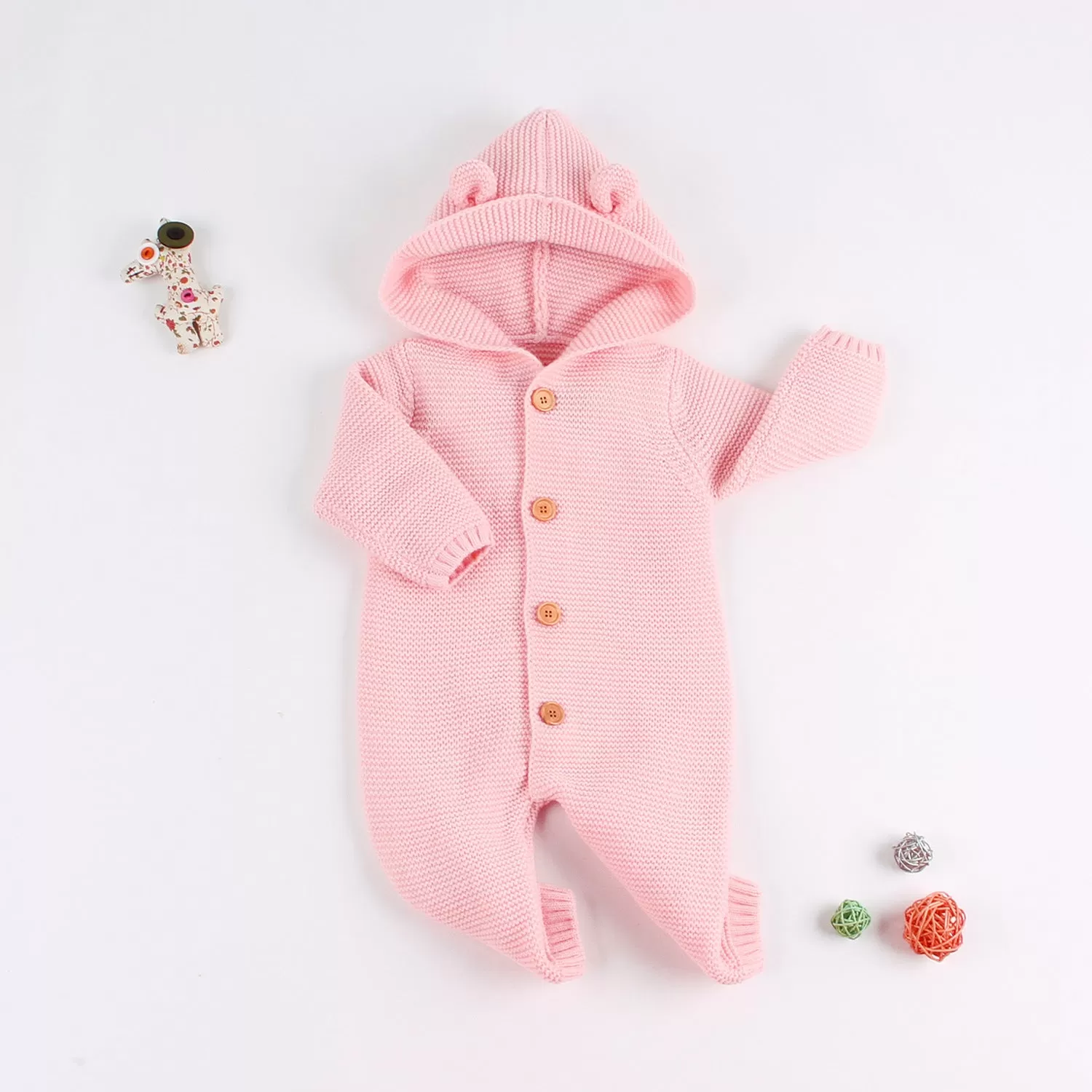 Baby Boys Girls Solid Color Knitted Hooded Cartoon Onesie