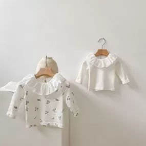 Baby Solid Color Ruffle Collar Floral Print Long-sleeved T-shirt