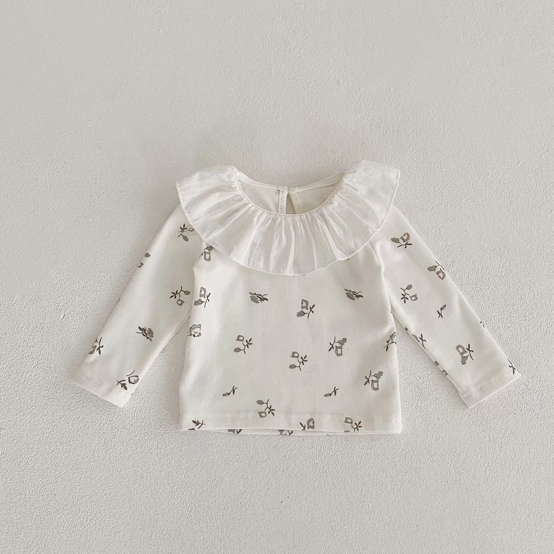 Baby Solid Color Ruffle Collar Floral Print Long-sleeved T-shirt