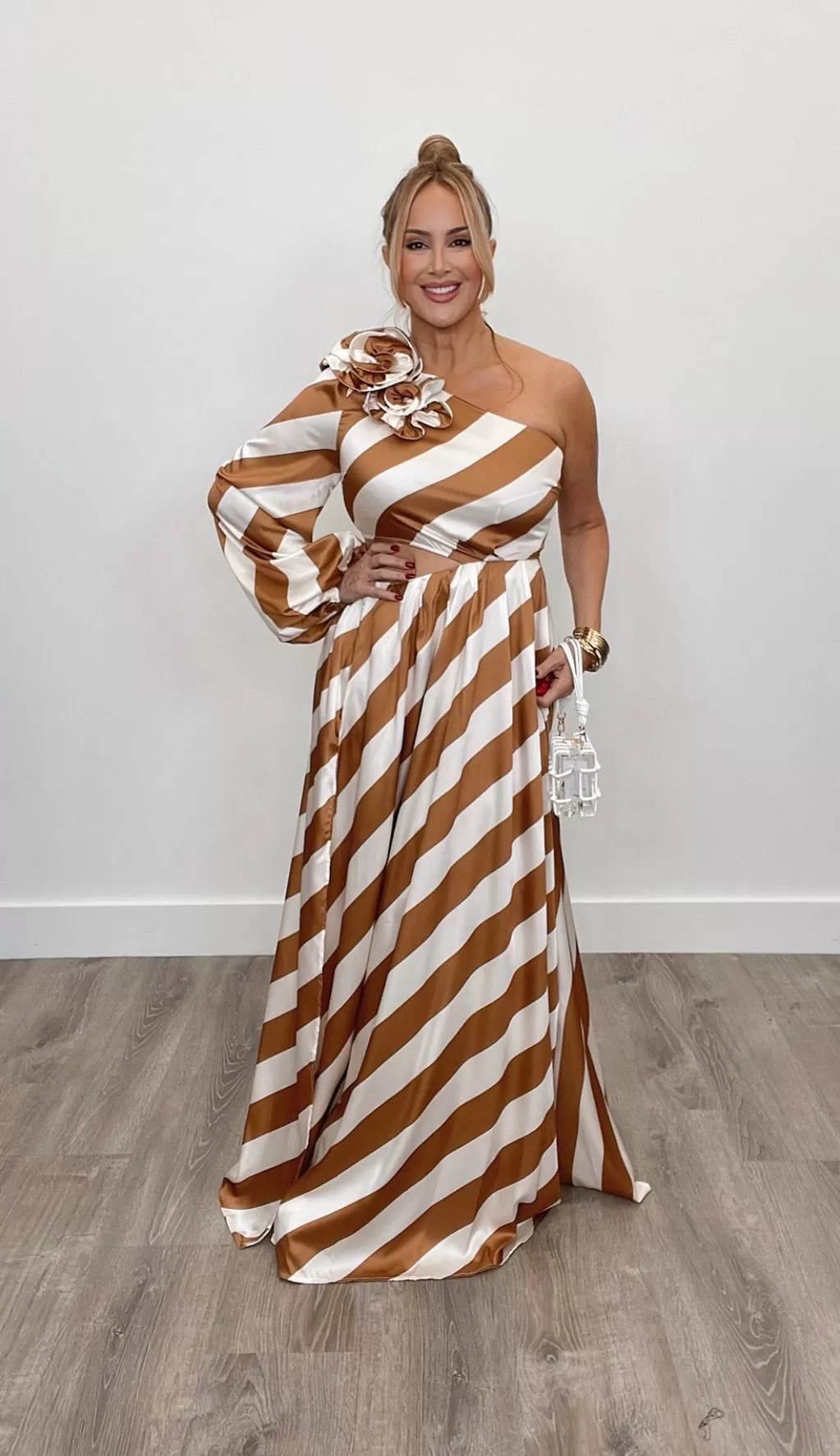 Bellucci Striped One Shoulder Maxi Gold