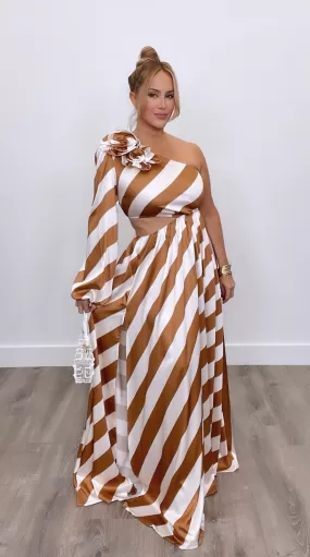 Bellucci Striped One Shoulder Maxi Gold