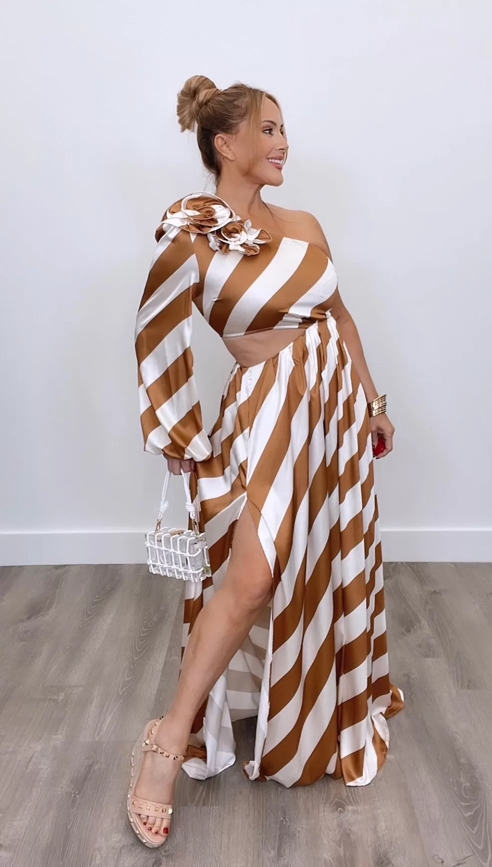 Bellucci Striped One Shoulder Maxi Gold