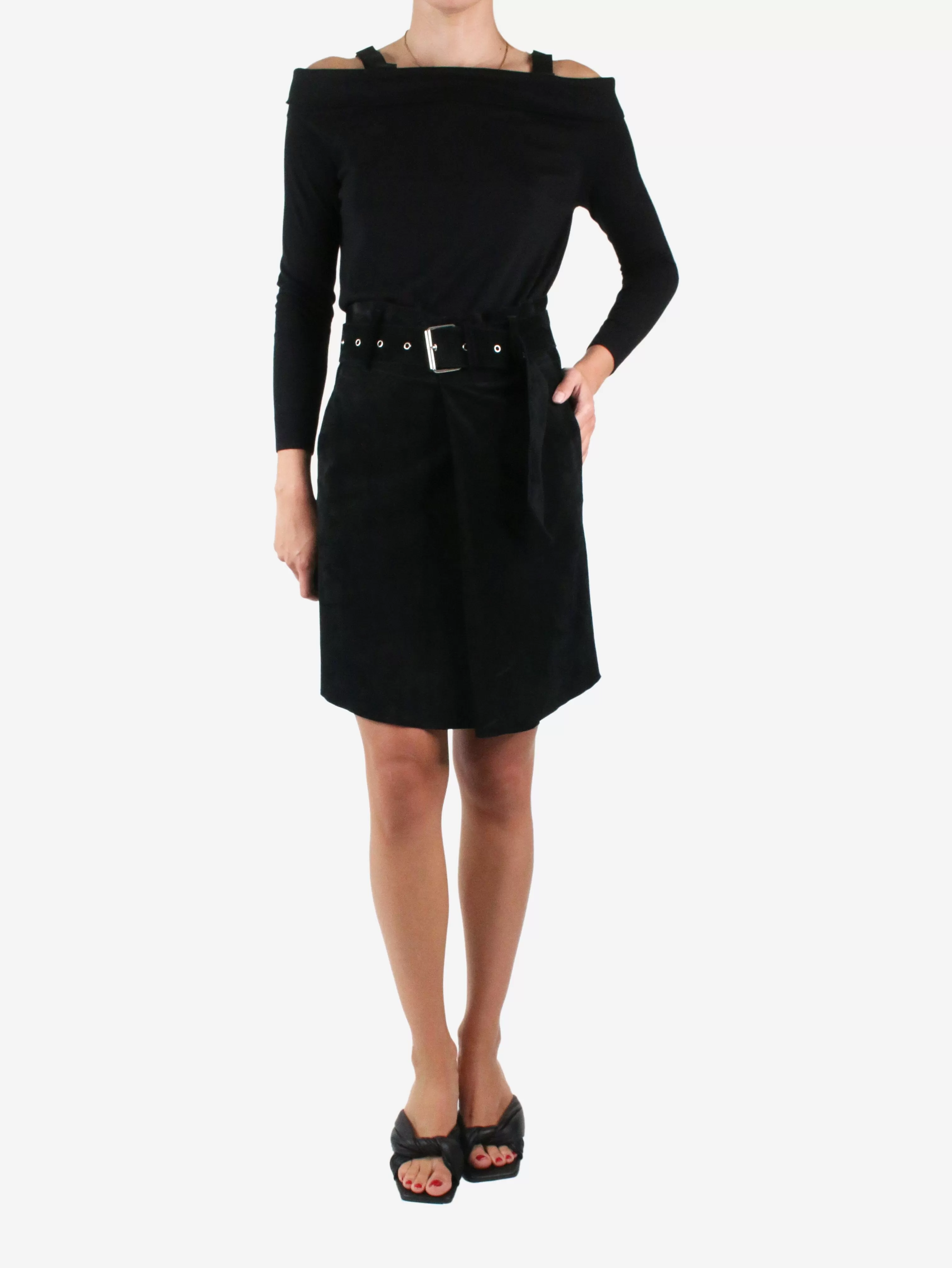 Black belted suede skirt - size FR 36