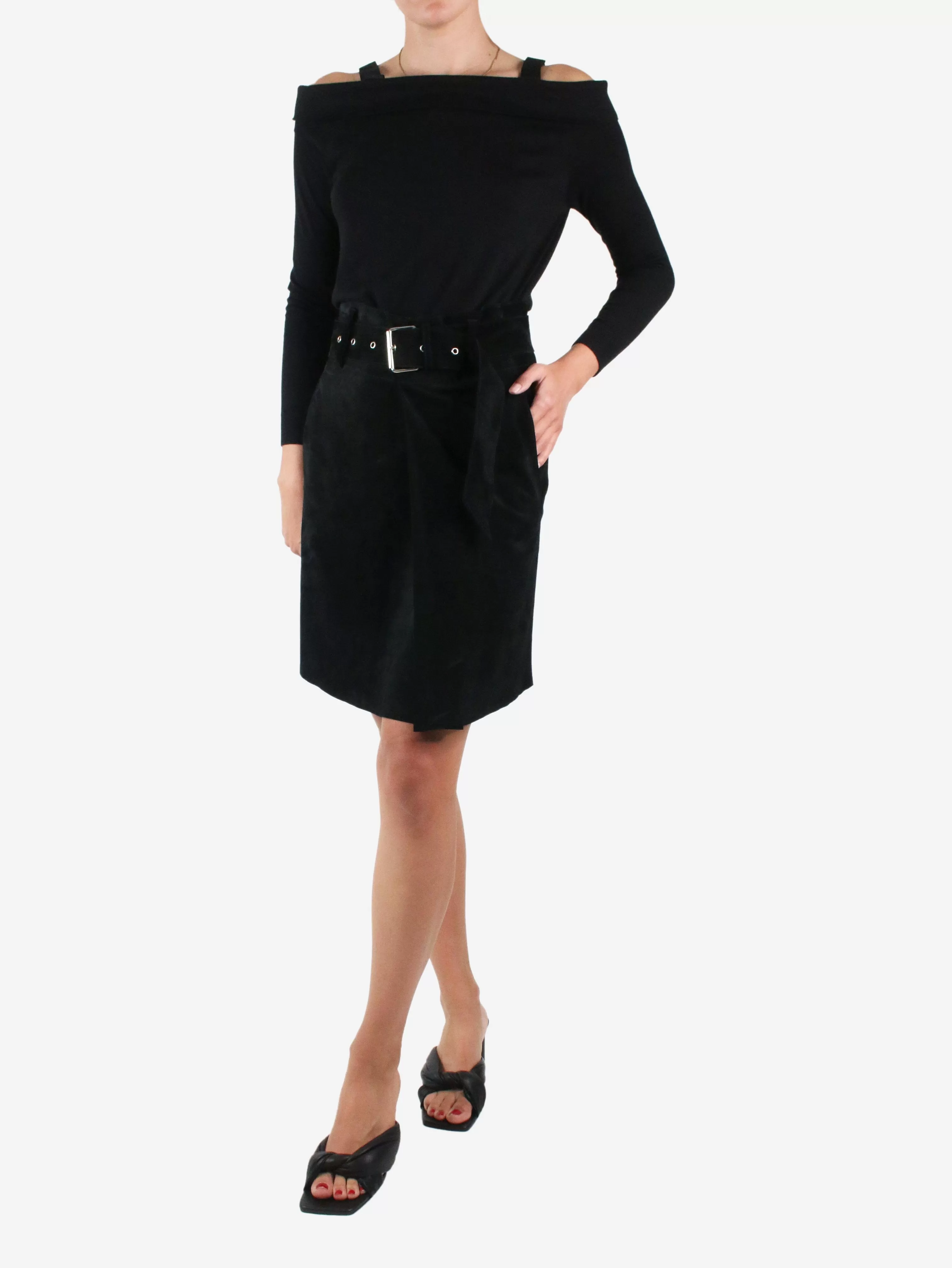 Black belted suede skirt - size FR 36