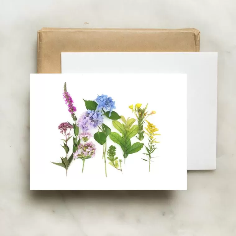 Blank Folding Greeting Card in Pink, Blue and Yellow Wildflowers of Summer