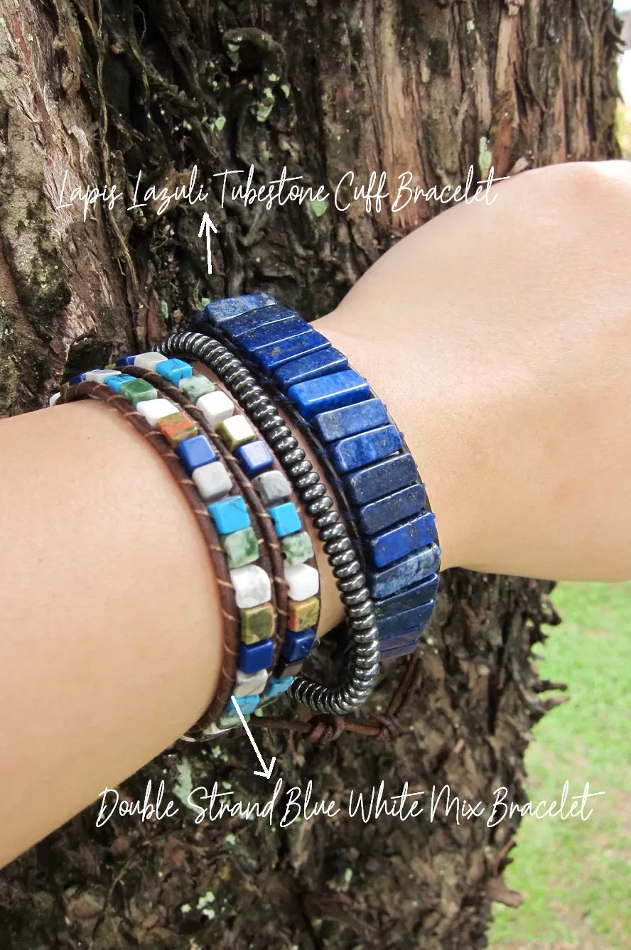 Blue Lapis Lazuli White Howlite Jasper Mix Beaded Wrap Bracelet