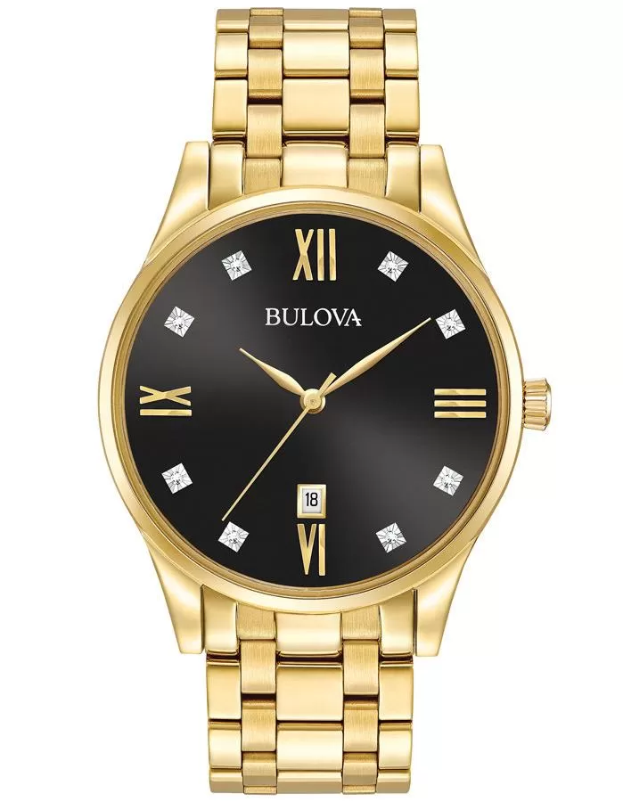 Bulova Mens Diamond Watch - Gold-Tone Case - Black Dial - Bracelet - Date