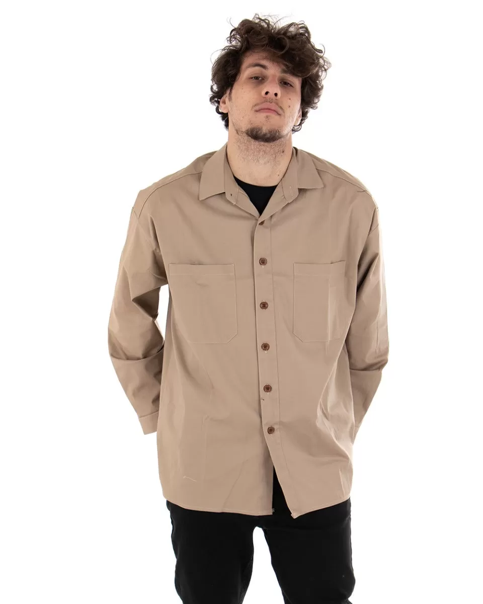 Camicia Uomo Con Colletto Manica Lunga Casual Cotone Camel GIOSAL-C1869A