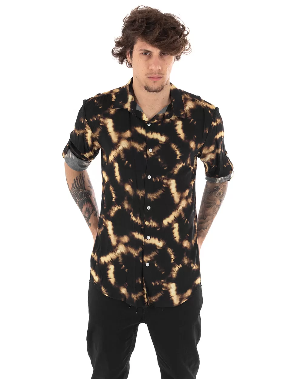 Camicia Uomo Con Colletto Manica Lunga Nero Stampa Animalier GIOSAL-C2310A