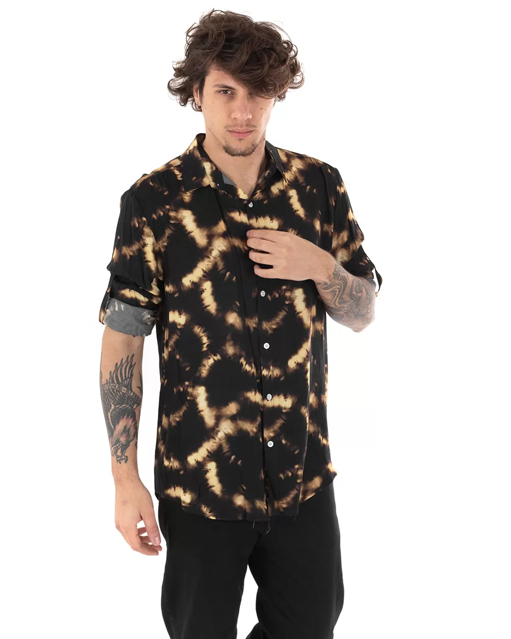 Camicia Uomo Con Colletto Manica Lunga Nero Stampa Animalier GIOSAL-C2310A