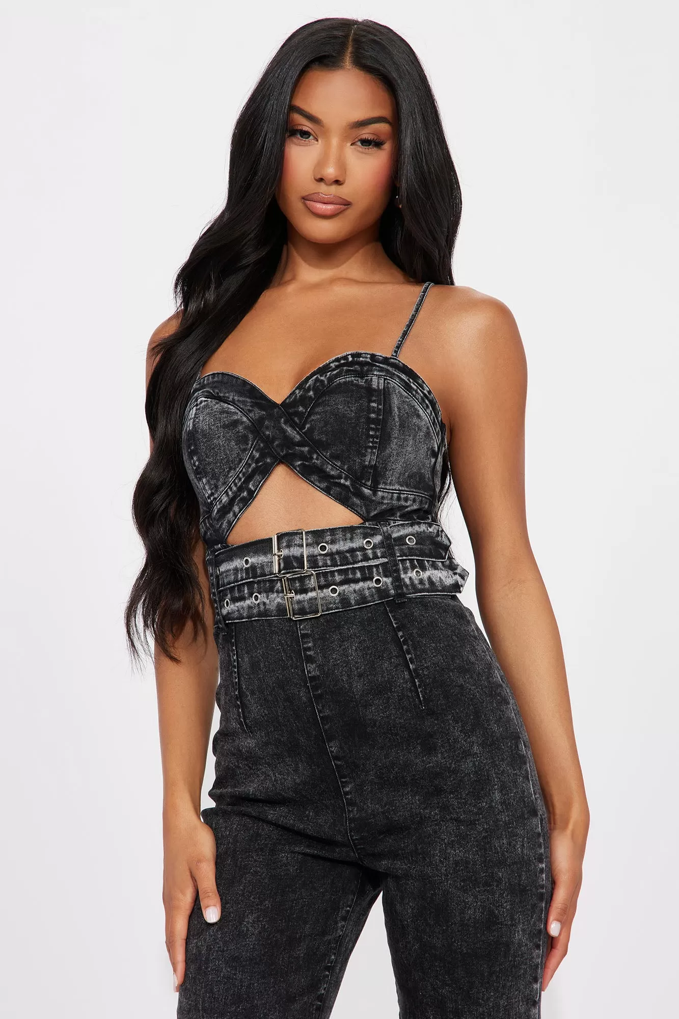 Causing Trouble Denim Jumpsuit - Black