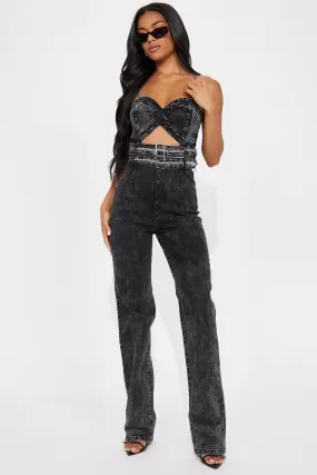 Causing Trouble Denim Jumpsuit - Black