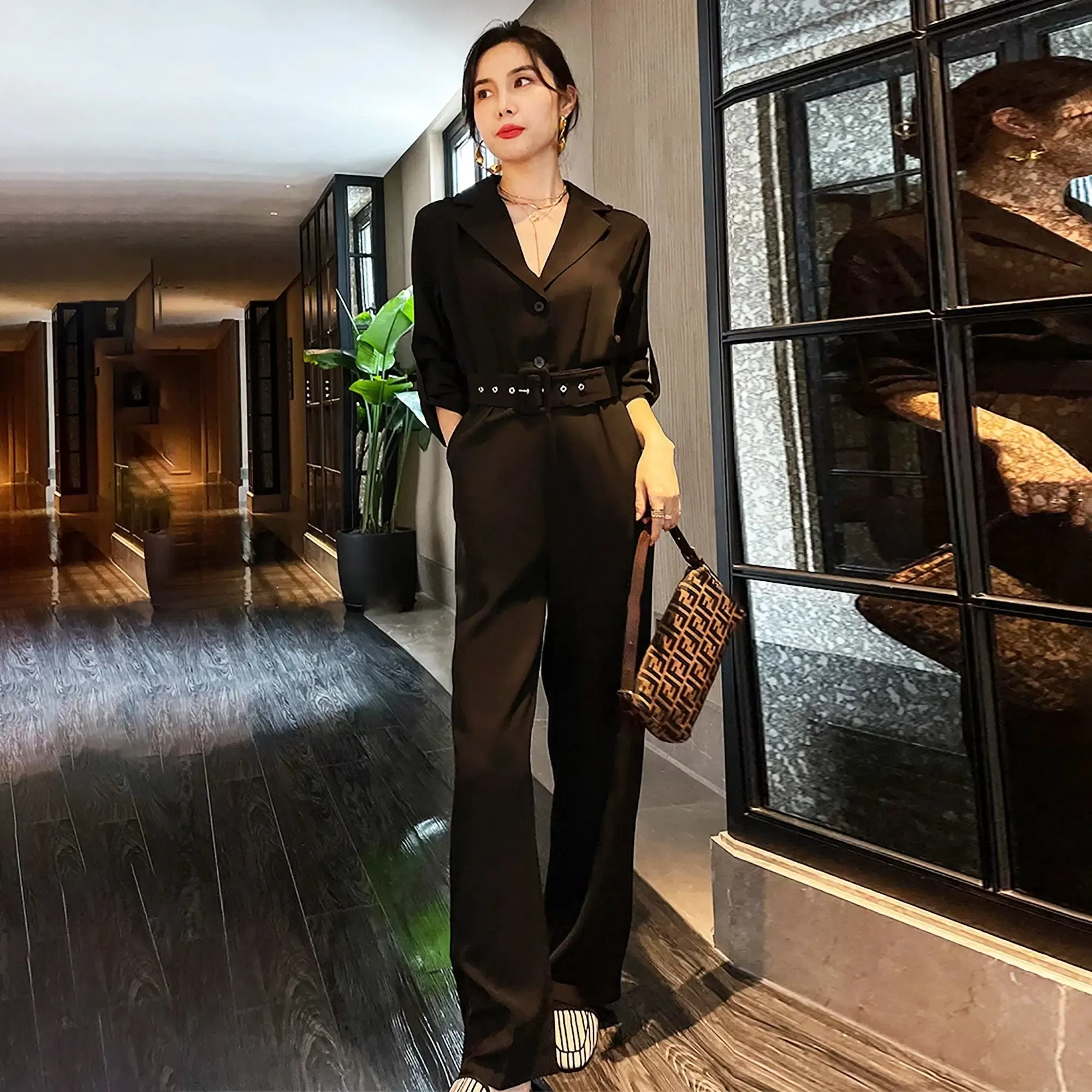 Cherry Belted Black Jumpsuit