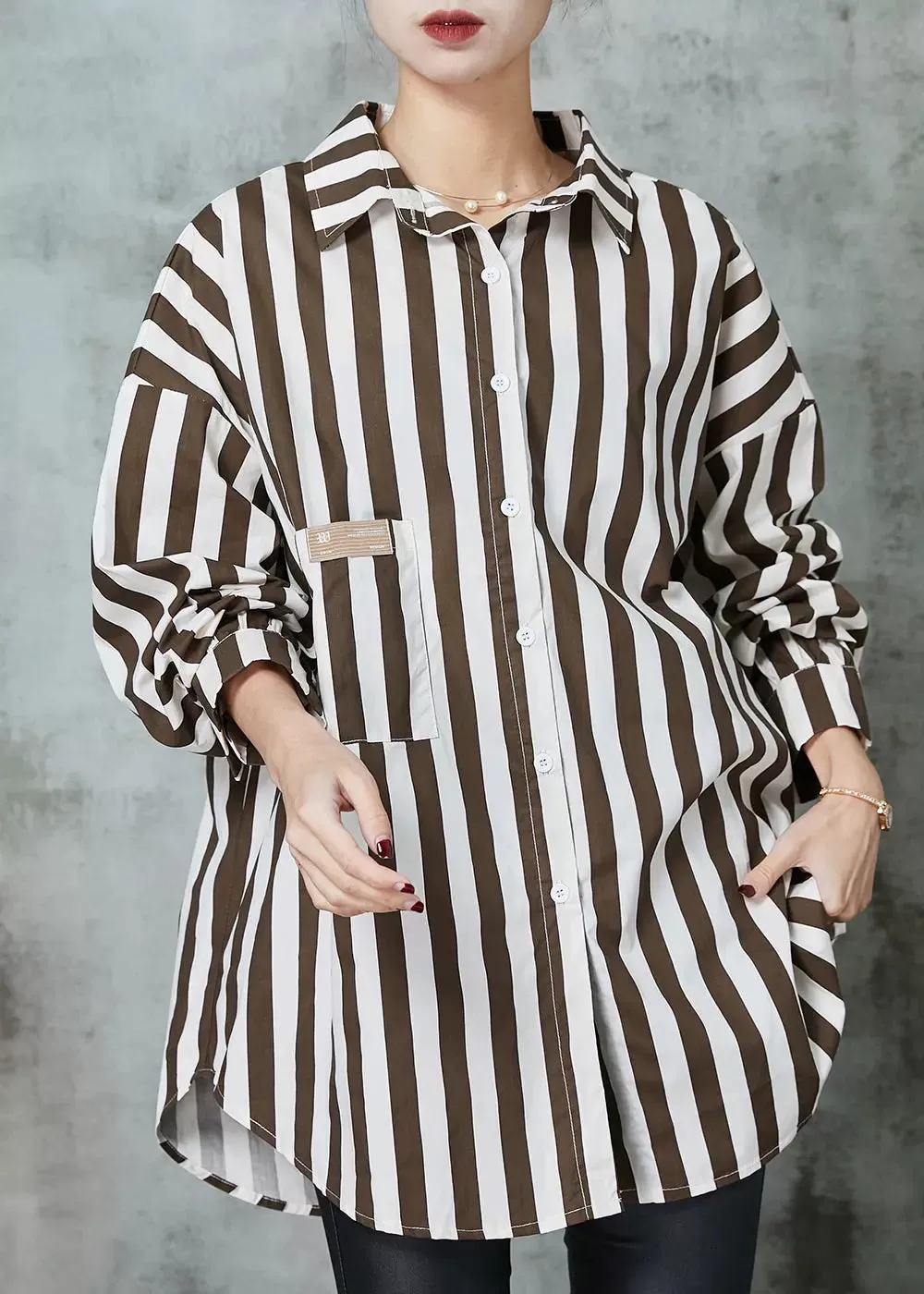 Chic Khaki Oversized Striped Cotton Shirt Tops Spring JK1001