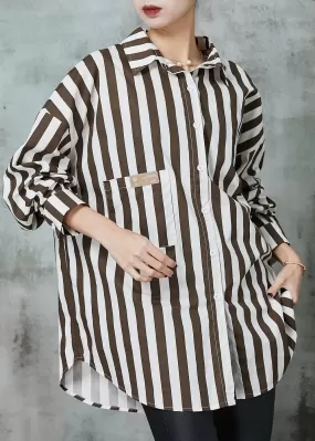 Chic Khaki Oversized Striped Cotton Shirt Tops Spring JK1001