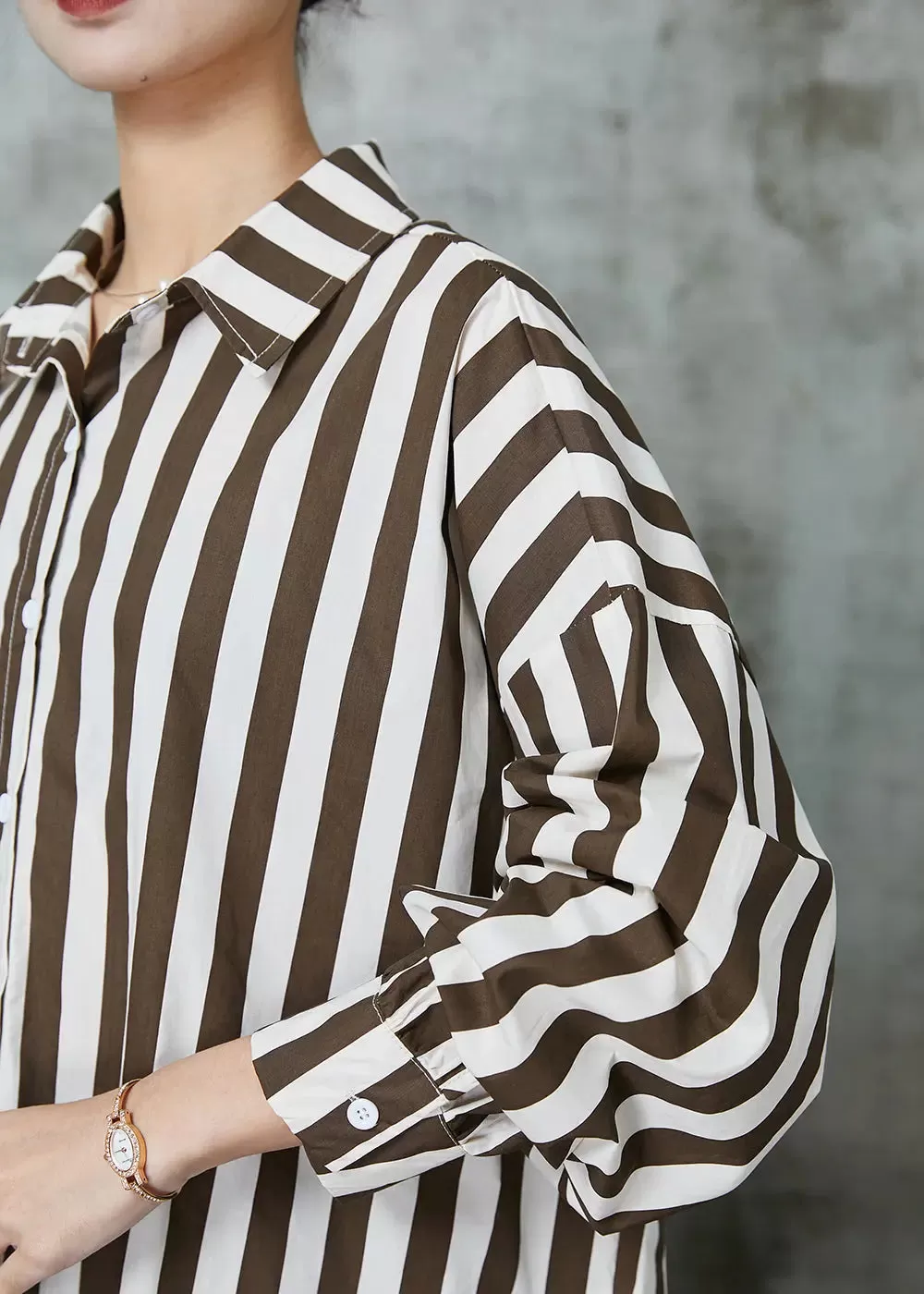 Chic Khaki Oversized Striped Cotton Shirt Tops Spring JK1001