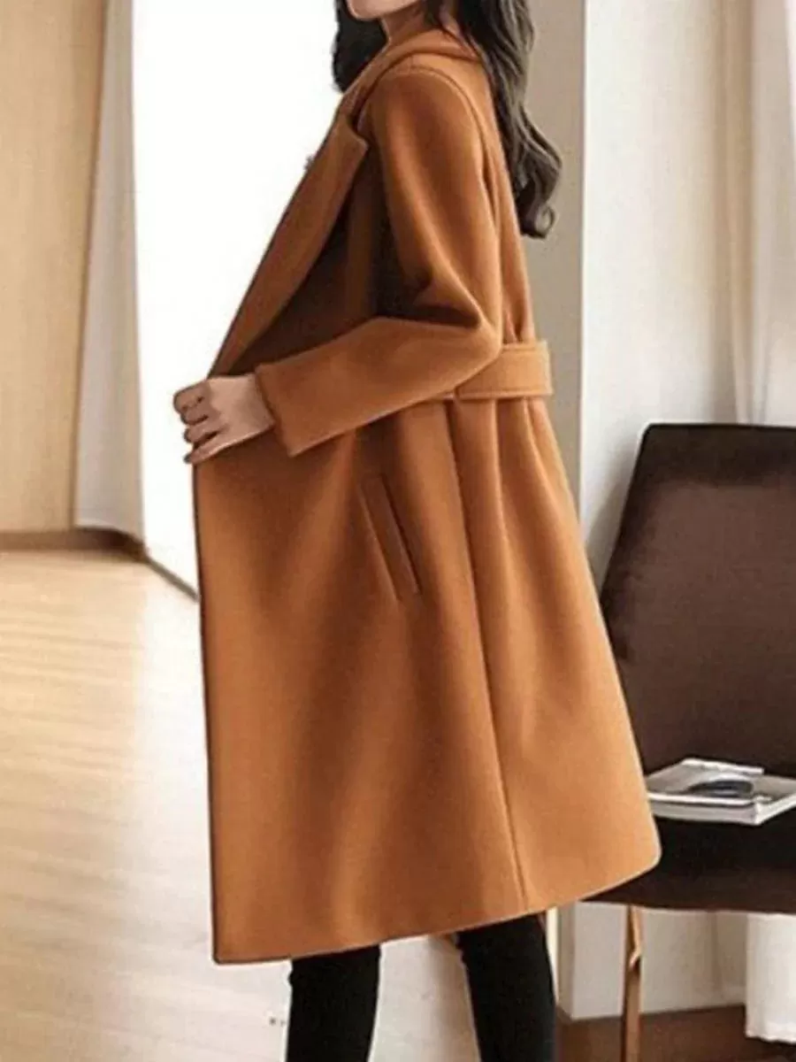 Chic Women's Long Coat with Eye-Catching Print and Convenient Pockets in Red, Camel, or Brown