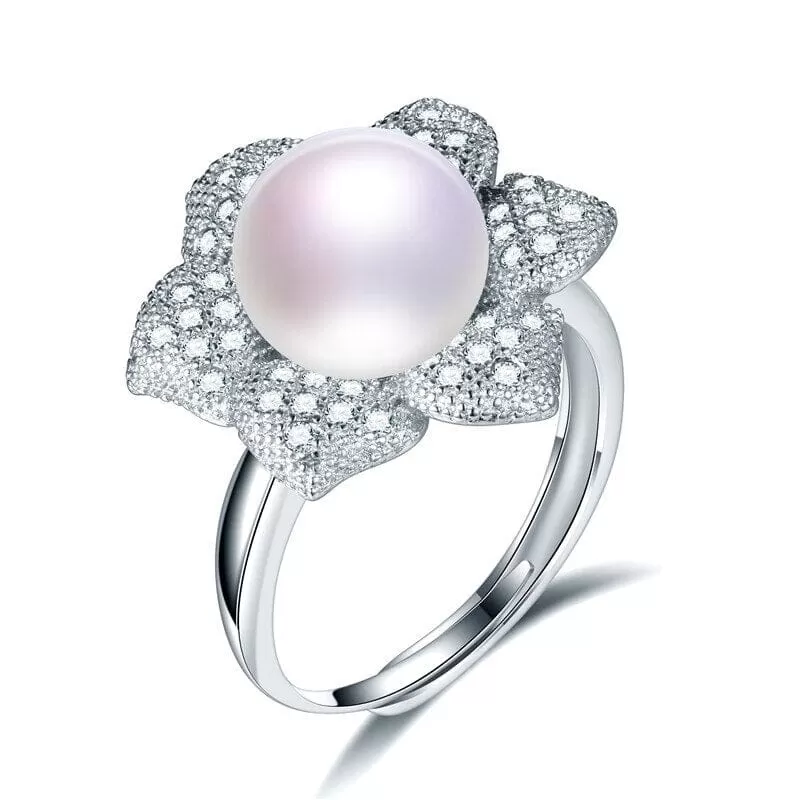 Cultured Pearl Diamond Resizable Silver Ring