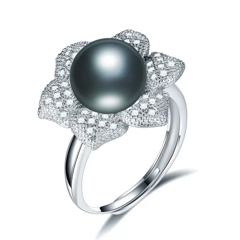 Cultured Pearl Diamond Resizable Silver Ring